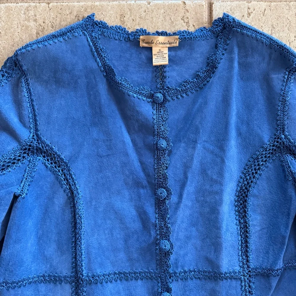 Vintage Y2K Size XL Blue Suede Leather Patchwork Jacket Lace Western‎ Crochet